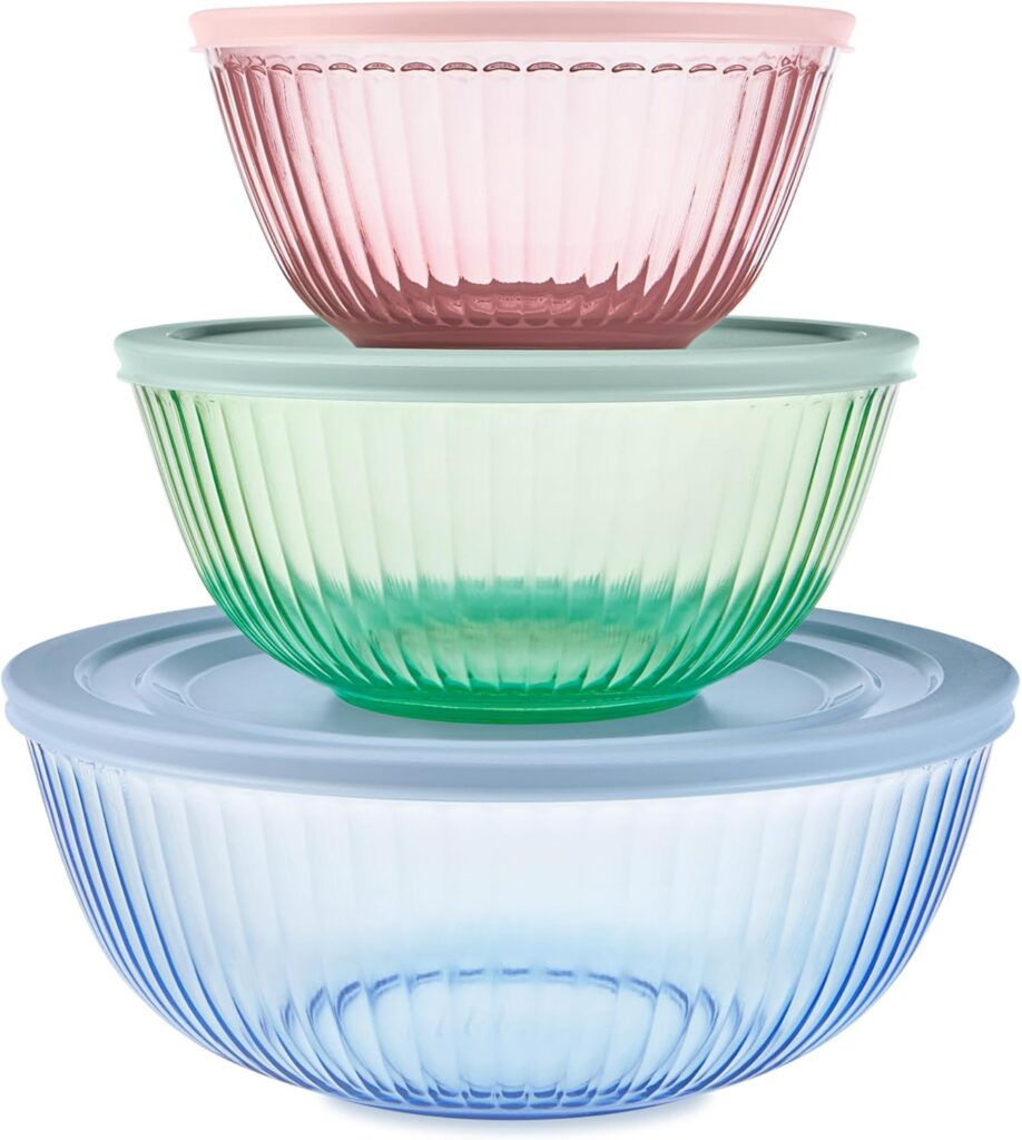 Pyrex Colors Tinted (3-Pack, Full Set) Sculpted Tinted Glass Mixing Bowls With Lids, Nesting Space Saving Set of Bowls For Prepping and Baking, 1.3QT, 2.3QT & 4.5Q, Blue