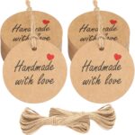 jijAcraft 100Pcs Handmade with Love Kraft Paper Gift Tags, 2′ Round Brown Label Tags for Home Made Crafts, Candle Tins, Wedding & Birthday Party Favors