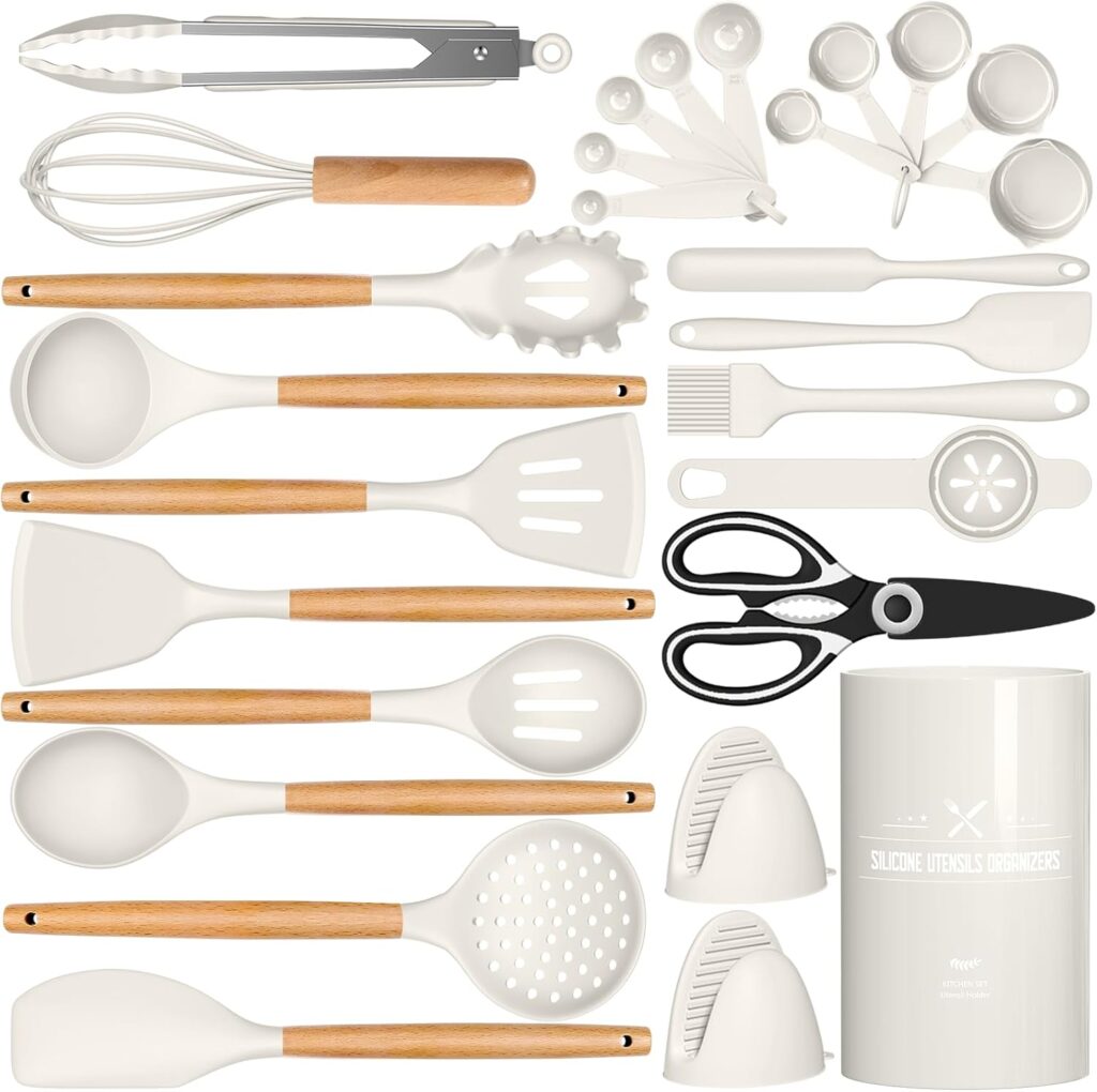 Silicone Cooking Kitchen Utensils Set, AIKKIL 28PCS White Cooking Utensils Set with Wooden Handles, Tongs, Spatula, Pasta Server, Kitchen Gadgets Tools Set For Non-Stick Cookware(BPA Free)