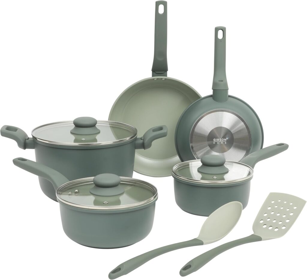 Gibson Home Barnsdall 10 Piece Premium PFA Free Ceramic Nonstick Pots and Pans Aluminum Induction Cookware Set W/Kitchen Tools – Sage Green/Grey Non Stick