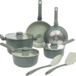 Gibson Home Barnsdall 10 Piece Premium PFA Free Ceramic Nonstick Pots and Pans Aluminum Induction Cookware Set W/Kitchen Tools – Sage Green/Grey Non Stick