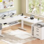 SEDETA L Shaped Electric Standing Desk with File Cabinet, 63 x 53” Height Adjustable Home Office Computer Desk with Drawers, Power Outlet, Stand up Gaming Table with Led Lights, Keyboard Tray, White
