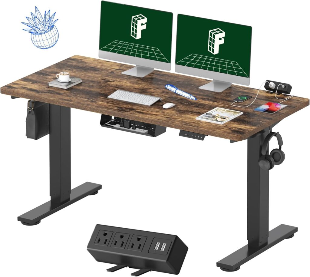FLEXISPOT EN2 Whole-Piece Standing Desk with Clamp Power Strip, 55 x 28 Electric Stand Up Height Adjustable Desk with Cable Management (Black Frame + 55″ Rustic Brown Desktop, 2 Packages)
