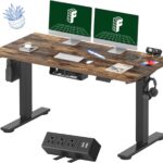 FLEXISPOT EN2 Whole-Piece Standing Desk with Clamp Power Strip, 55 x 28 Electric Stand Up Height Adjustable Desk with Cable Management (Black Frame + 55″ Rustic Brown Desktop, 2 Packages)