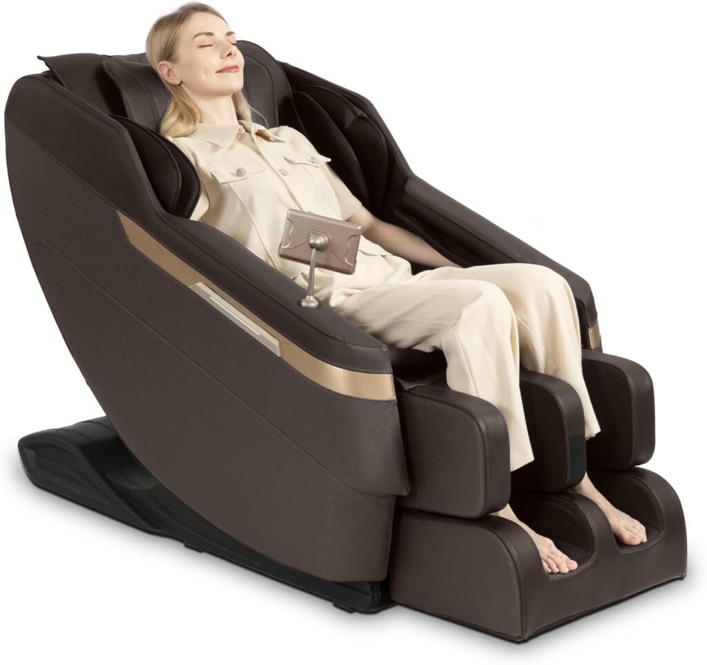 Real Relax Full Body Massage Chair, Shiatsu Zero Gravity Recliner with 6 Auto Modes, Waist and Calf Heating, Foot Massage, Calfrest Extension, Bluetooth, Brown and Gold