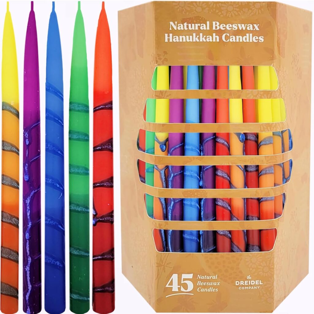 The Dreidel Company Dripless Hanukkah Beeseax Candles Multicolored Beeswax, Hand-Made Striped Deluxe Tapered Decorations, Chanukkah Menorah Candles for All 8 Nights of Chanukah