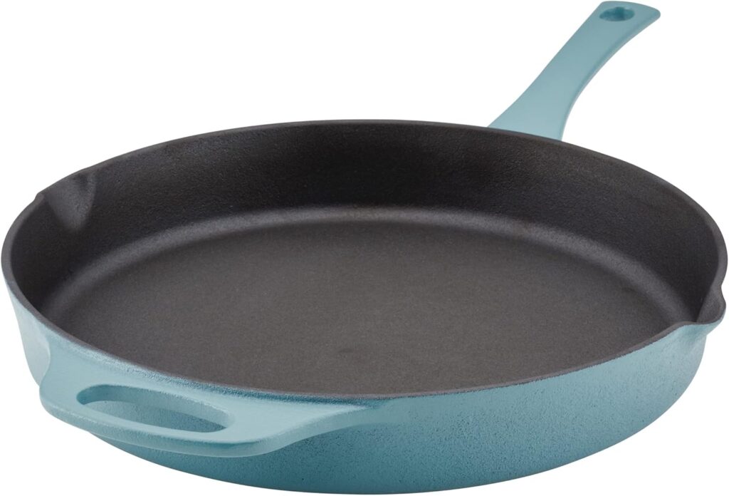Rachael Ray NITRO Cast Iron Frying Pan/Skillet with Helper Handle and Pour Spouts, 12 Inch, Agave Blue