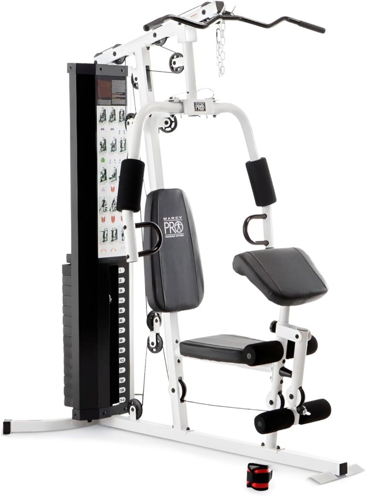 Marcy Home Gym Workout Station with Curl Pad, Lat Pulldown, Leg Developer & Weights, White