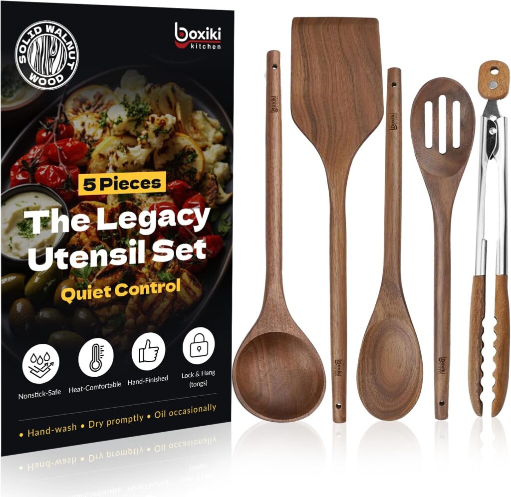 Elegant 5-Piece Walnut Wood Kitchen Utensil Set – Non-Scratch, Heat-Resistant Cooking Utensil Set with Kitchen Tongs, Spoons, Spatula & Ladle – Lightweight, Durable & Perfect for Daily Use or Gifting