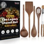 Elegant 5-Piece Walnut Wood Kitchen Utensil Set – Non-Scratch, Heat-Resistant Cooking Utensil Set with Kitchen Tongs, Spoons, Spatula & Ladle – Lightweight, Durable & Perfect for Daily Use or Gifting
