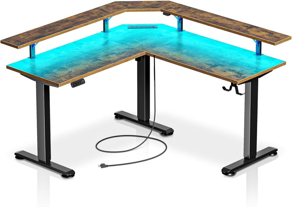 Rolanstar Standing Desk L Shaped with LED Light and Power Outlet, Electric Height Adjustable Computer Office Desk Sit Stand Up with Monitor Stand, Rustic Brown