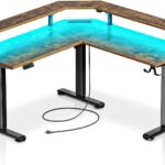 Rolanstar Standing Desk L Shaped with LED Light and Power Outlet, Electric Height Adjustable Computer Office Desk Sit Stand Up with Monitor Stand, Rustic Brown
