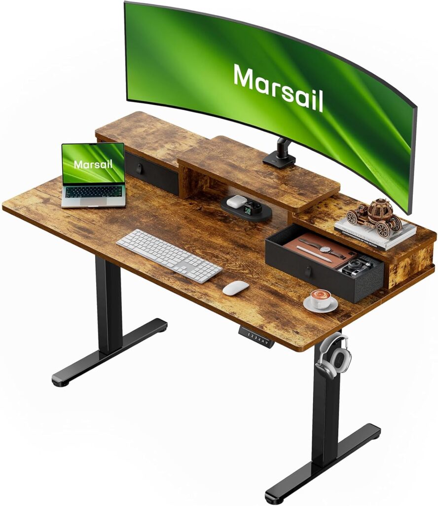 Marsail Electric Standing Desk with Drawers, 55″ x 28″ Height Adjustable Sit Stand Up Desk with Storage Shelf, Ergonomic Home Office & Computer Table with 4 Memory Heights, Rustic Brown