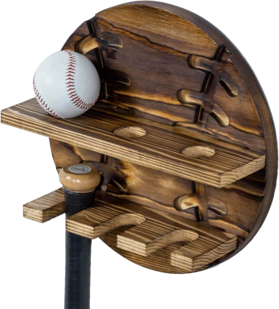 MyGift Wall Mounted Rustic Burnt Solid Wood Baseball Bat Hanger and Ball Display Shelf, Hanging Holder Rack with Sports Themed Wooden Board for 3 Bats and 3 Baseballs