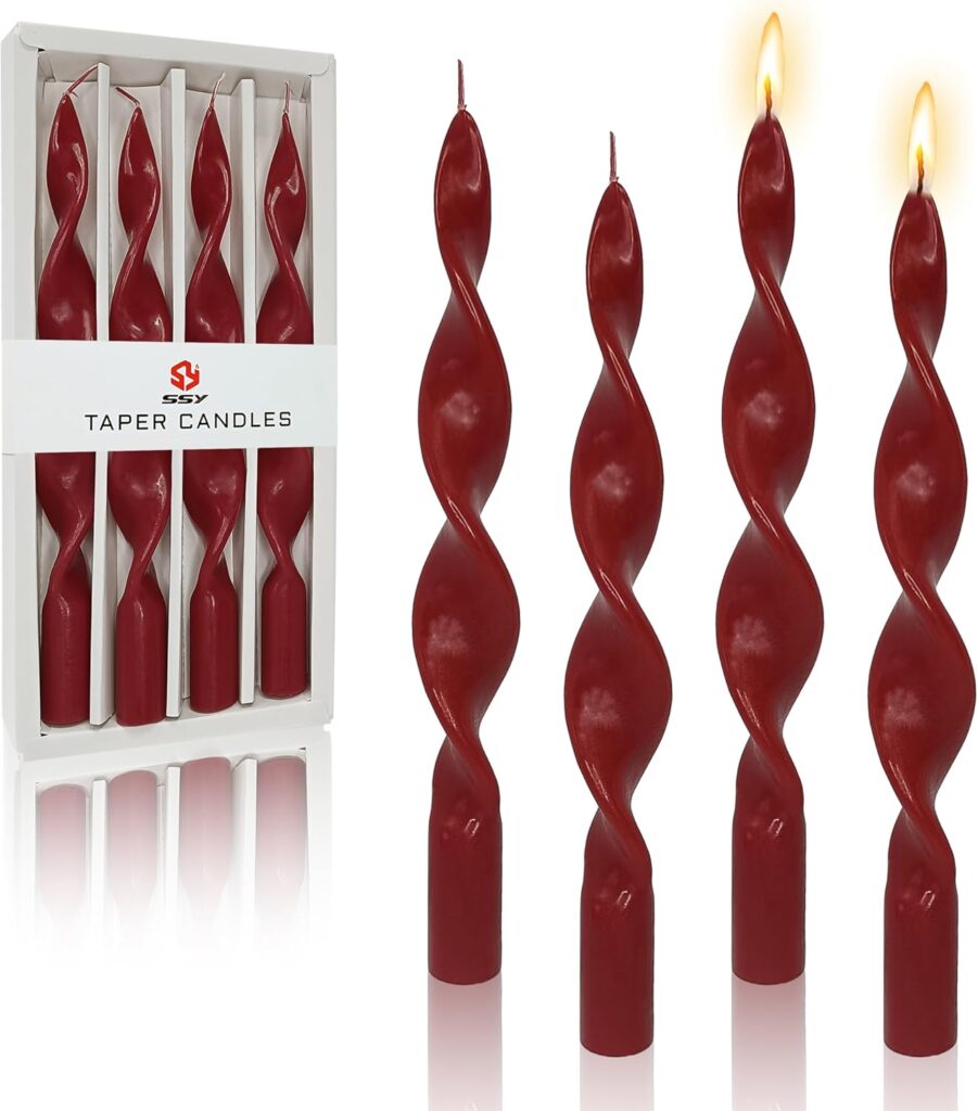 10 Inches Spiral Taper Candles Colorful Twisted Candle Dripless Long Candles, Handmade Candlesticks for Wedding Dinner Decor, Set of 4(Red)