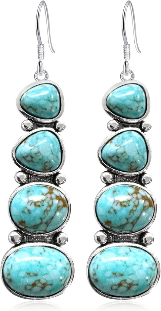 GPASTG Bohemian Handmade Vintage Silver Turquoise Stone Long Oval Geometry Dangle Drop Earrings For Women