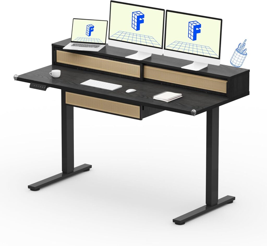 FLEXISPOT Q4 One-Piece Standing Desk with Rattan Drawers, 55 x 24 Inch Adjustable Height, Electric Stand Up Table with Monitor Shelf, Home Office Ergonomic Computer Desk with Memory Presets, Black