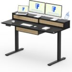 FLEXISPOT Q4 One-Piece Standing Desk with Rattan Drawers, 55 x 24 Inch Adjustable Height, Electric Stand Up Table with Monitor Shelf, Home Office Ergonomic Computer Desk with Memory Presets, Black