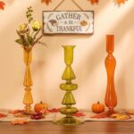 Mumufy 3 Pcs Thanksgiving Glass Candlestick Holders Thanksgiving Ball Shaped Glass Taper Candle Holder Amber Olive Honey Gold Fall Candle Stick Vase Decor for Holiday(9.1, 9.5, 10.6 inch,Cute)