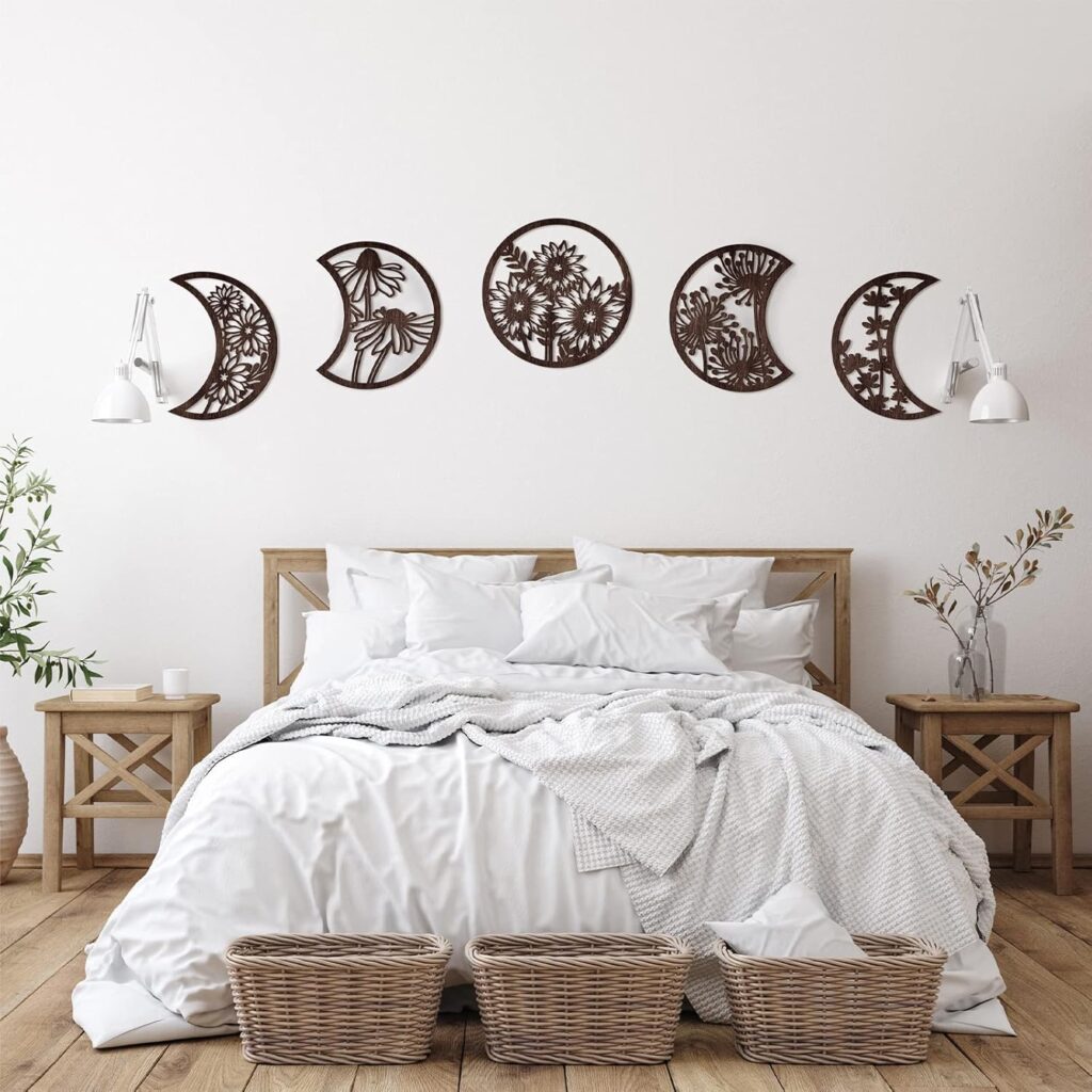 Jetec 5 Pcs Moon Phase Wall Hanging Decor Art Above Bed 10.6″ H Boho Moon Phase Wood Wall Pediment Ornament for Living Room Bedroom Home Decoration Room Apartment Bar(Brown)