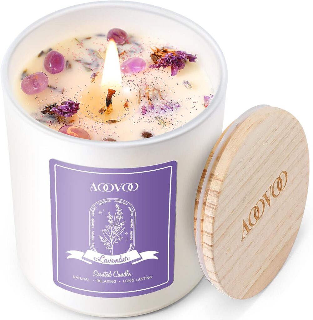 AOOVOO Lavender Scented Candles for Women – Aromatherapy Candle with Crystals Inside, 10oz Soy Candles for Home Scented, Birthday Gifts Christmas Candle for Women Mom