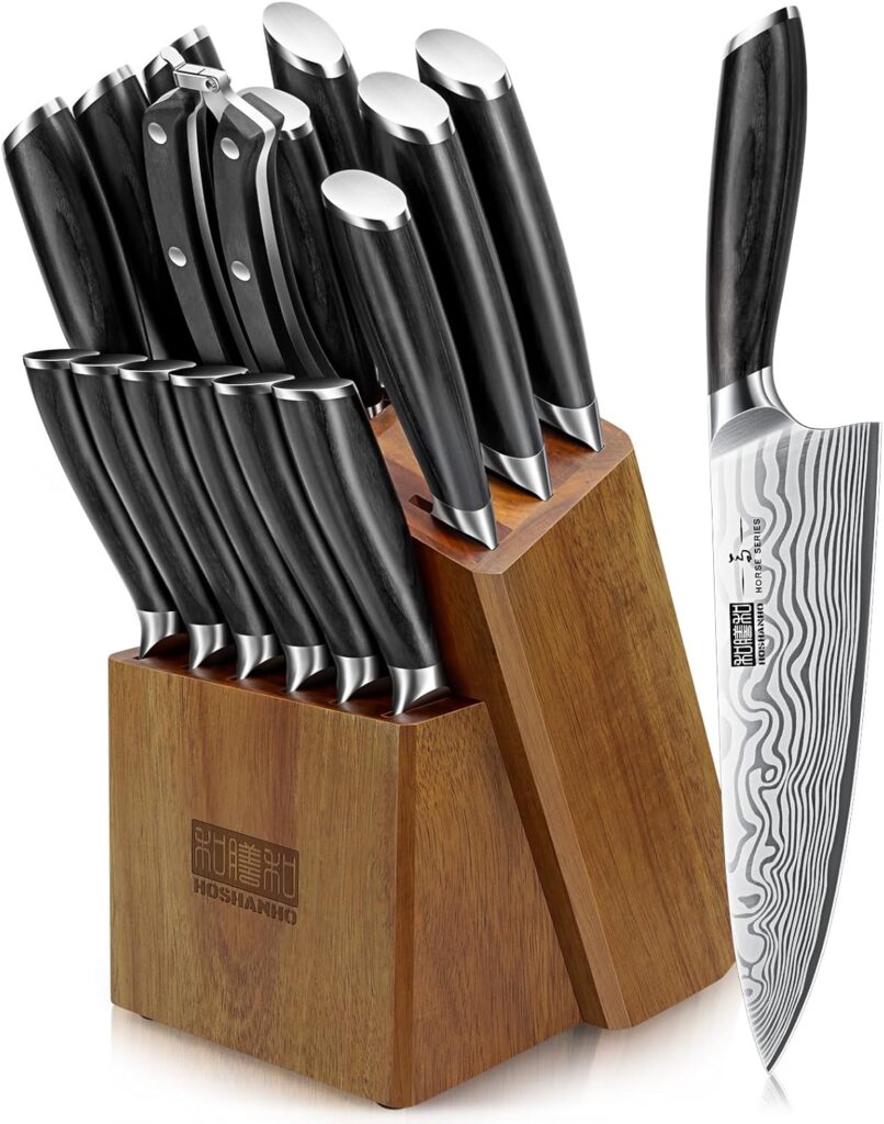 HOSHANHO 16-Piece Knife Set with Block, Ultra Sharp High Carbon Powder Steel Knife Block Set, Chef Knife Set Professional Kitchen Knives Set with Sharpener and Pakkawood Handle