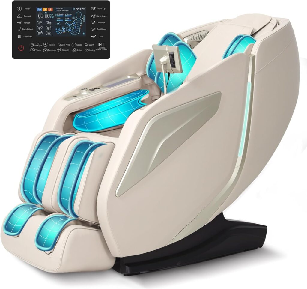 Full Body Zero Gravity Massage Chair with Body Scan 4D Intelligent Shiatsu Strecth Massage, Back/Leg Heated with AI Voice Control Bluetooth Speaker Airbags SL Track Massage Beige