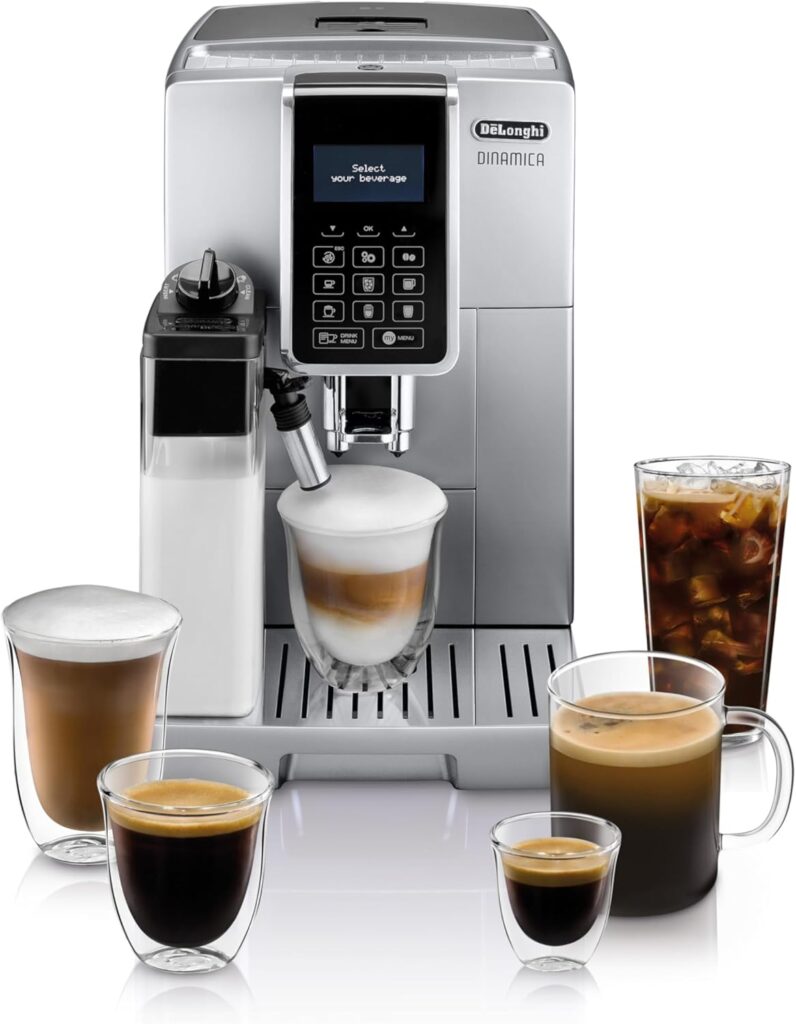 De’Longhi Dinamica LatteCrema Espresso Machine with Automatic Milk Frother for Latte, Cappuccino, Built-in Grinder, Silver, ECAM35075SI