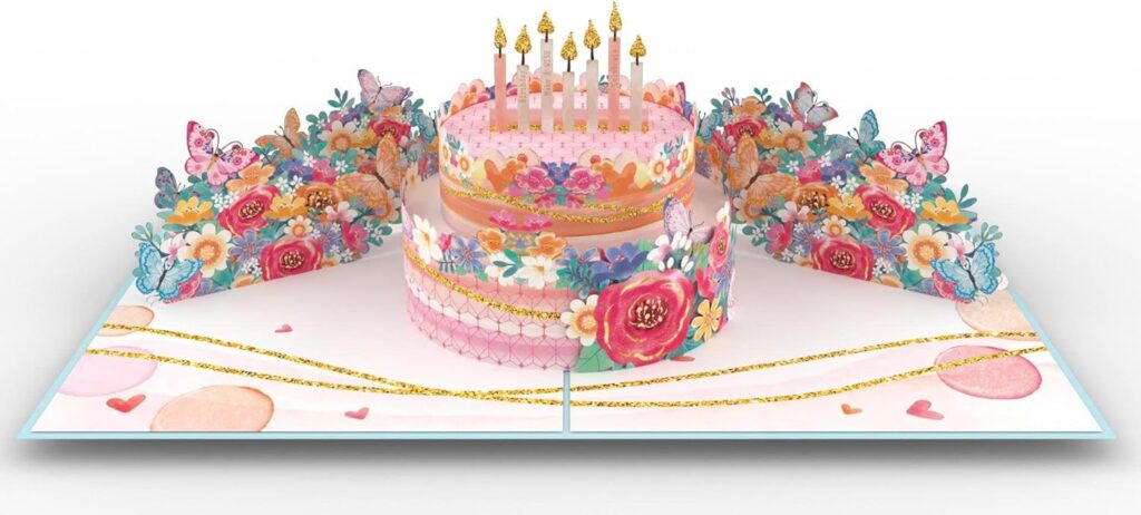 3D Pop-Up Birthday Card with Floral Cake and Candles – Handmade Flower Greeting Card – Elegant Birthday Gift for Her, Mom, Wife, Sister – Includes Envelope – 6″ x 8″