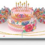 3D Pop-Up Birthday Card with Floral Cake and Candles – Handmade Flower Greeting Card – Elegant Birthday Gift for Her, Mom, Wife, Sister – Includes Envelope – 6″ x 8″