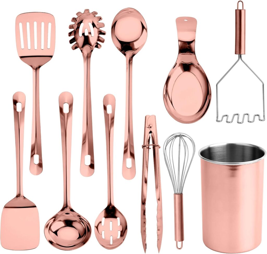 COOK WITH COLOR Kitchen Utensil Set – 10-piece premium Nonstick & Heat Resistant Kitchen Gadgets, Turner, Spaghetti Server, Serving Spoons, Whisk, Tongs, Masher & Utensil Holder, Rose Gold