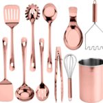 COOK WITH COLOR Kitchen Utensil Set – 10-piece premium Nonstick & Heat Resistant Kitchen Gadgets, Turner, Spaghetti Server, Serving Spoons, Whisk, Tongs, Masher & Utensil Holder, Rose Gold