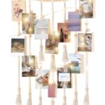Mkono Macrame Hanging Photo Display Wall Decor with String Lights Boho Room Bedroom Wooden Beads Garland Picture Holder with 30 Clips