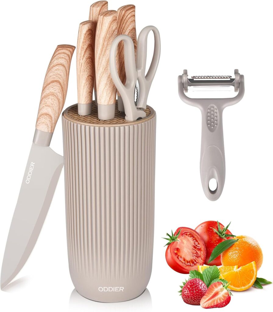 Knife Set, 8 Piece Kitchen Knife Set, Stainless Steel Knives Set for Kitchen, Universal Knife Block Set, Kitchen Kinfe Essentials, New Home Apartment Essentials, Dishwasher Safe (Khaki)