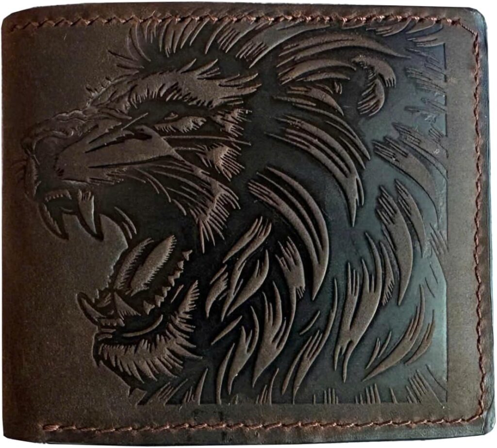 Mayan Corner – Genuine leather handcrafted wallet, bifold wallet with ID card slot, cool wallet for dad – Lion head