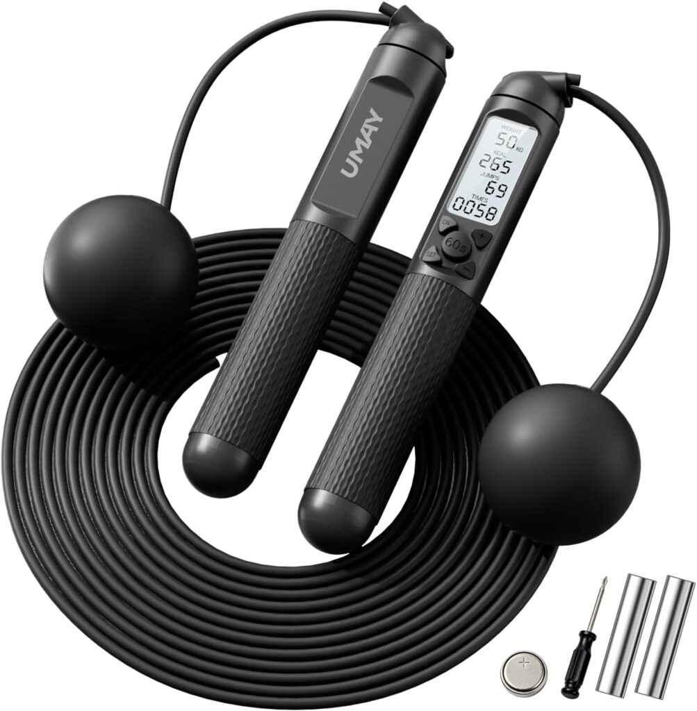 UMAY Weighted Cordless Jump Rope, Adjustable Length Ropes Ropeless with LCD Counter Display for Women Kids, Smart Skipping Rope with Ball for Burn Calories, Home Workouts, Fitness Exercise Training