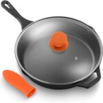 NutriChef 10 Inch Cast Iron Skillet with Lid – Pre-Seasoned Small Fry Pan with Side Drip Spout and Silicone Handle