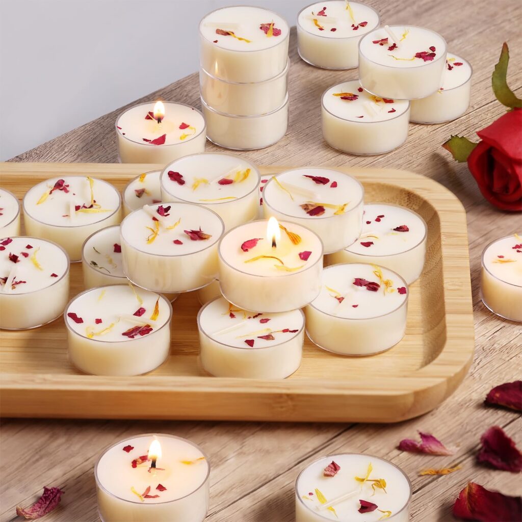 Rose Scented Tealight Candles, 8 Pack- Extended 4-5h Clear Cup Scented Tea Lights with Handmade Floral Surface, 100% Natural Palm Wax Tealights Smokeless for Romantic Wedding, Bathing