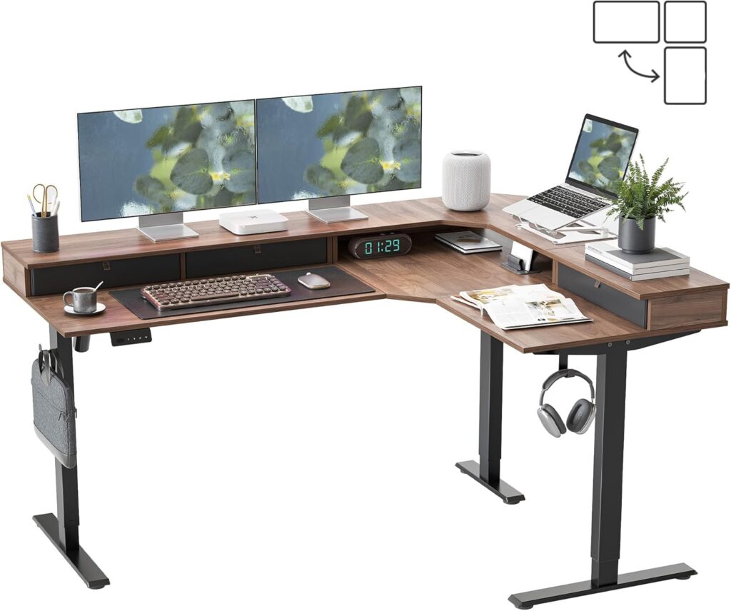 FEZIBO L Shaped Electric Standing Desk, 63×48 inch Large with Drawers | Reversible Tabletop, 2 Memory Height Settings | Home Office & Gaming Height-Adjustable Table, Black Walnut Top/Black Frame