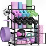 Weight Rack Storage for Home Gym, Adjustable Dumbbell Stand Organizer with Wheels and Hooks, Workout Equipment Organizer Holds Yoga mats, Kettlebells, and Fitness Accessories