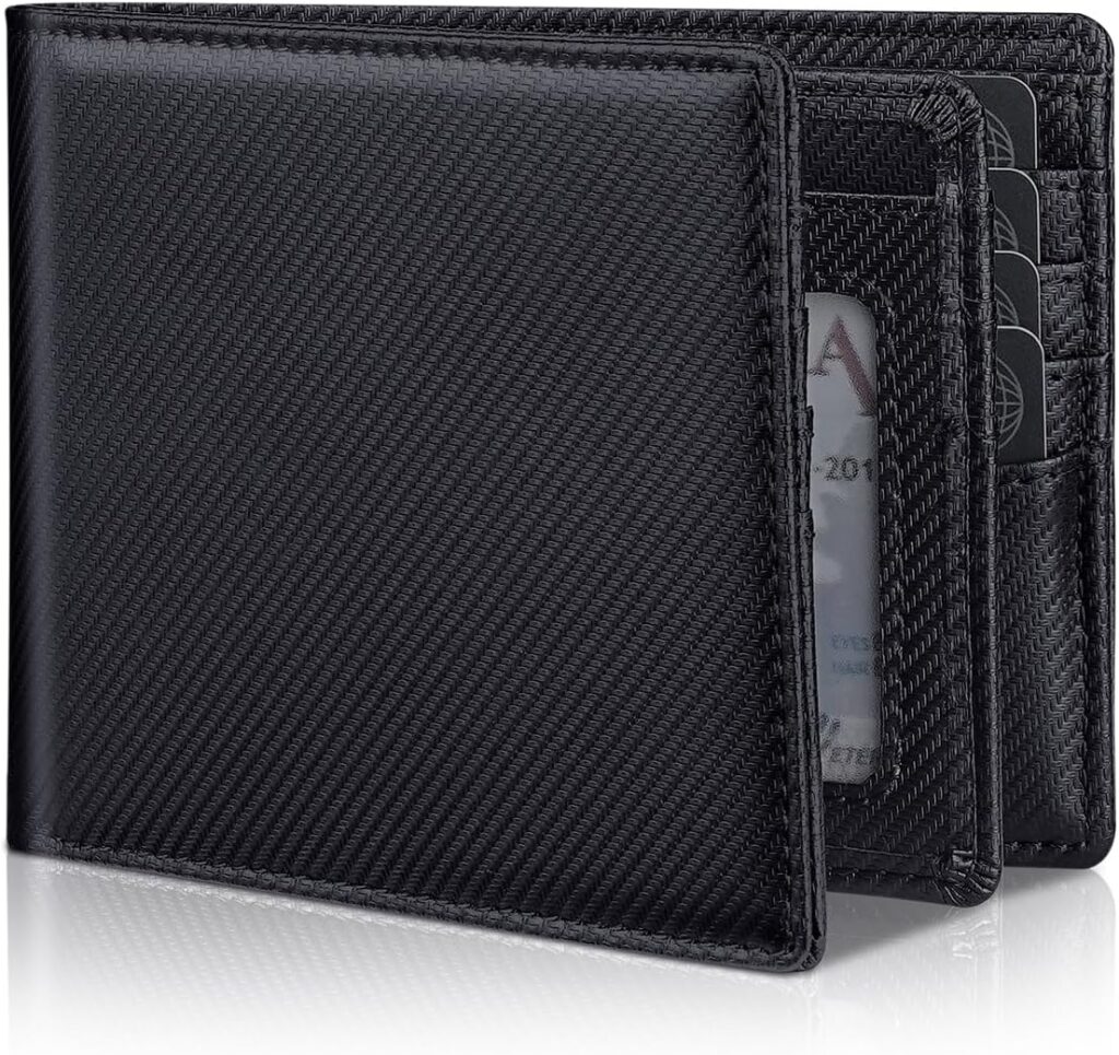 Mens Genuine Leather Bifold RFID Blocking Wallet with 14 Card Slots, ID Window & 2 Cash Pocket – Includes Gift Box (Modern Black)