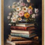 Krtoni Framed Farmhouse Vintage Canvas Wall Art, Country Spring Wildflowers Artwork Wall Decor, Dark Academia Flower Books Theme Poster Print for Living Room Bedroom Bathroom Study 10”L x 8”W