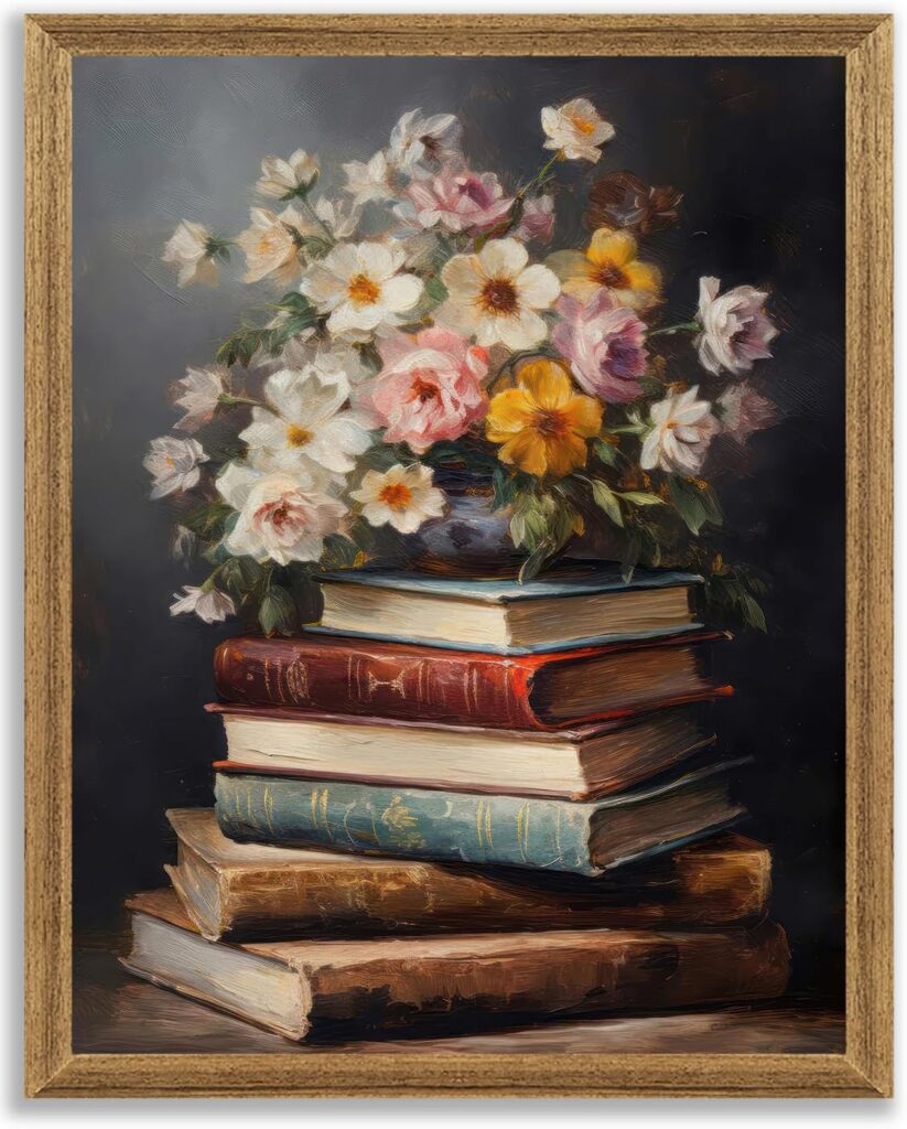 Krtoni Framed Farmhouse Vintage Canvas Wall Art, Country Spring Wildflowers Artwork Wall Decor, Dark Academia Flower Books Theme Poster Print for Living Room Bedroom Bathroom Study 10”L x 8”W