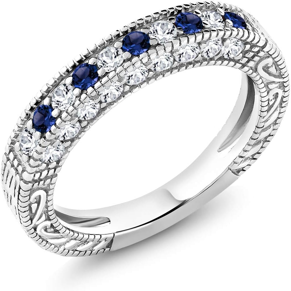 Gem Stone King Blue and White Created Sapphire Ring For Women | 925 Sterling Silver | Anniversary Promise Wedding Band Ring | 1.00 Cttw | Available In Size 5, 6, 7, 8, 9