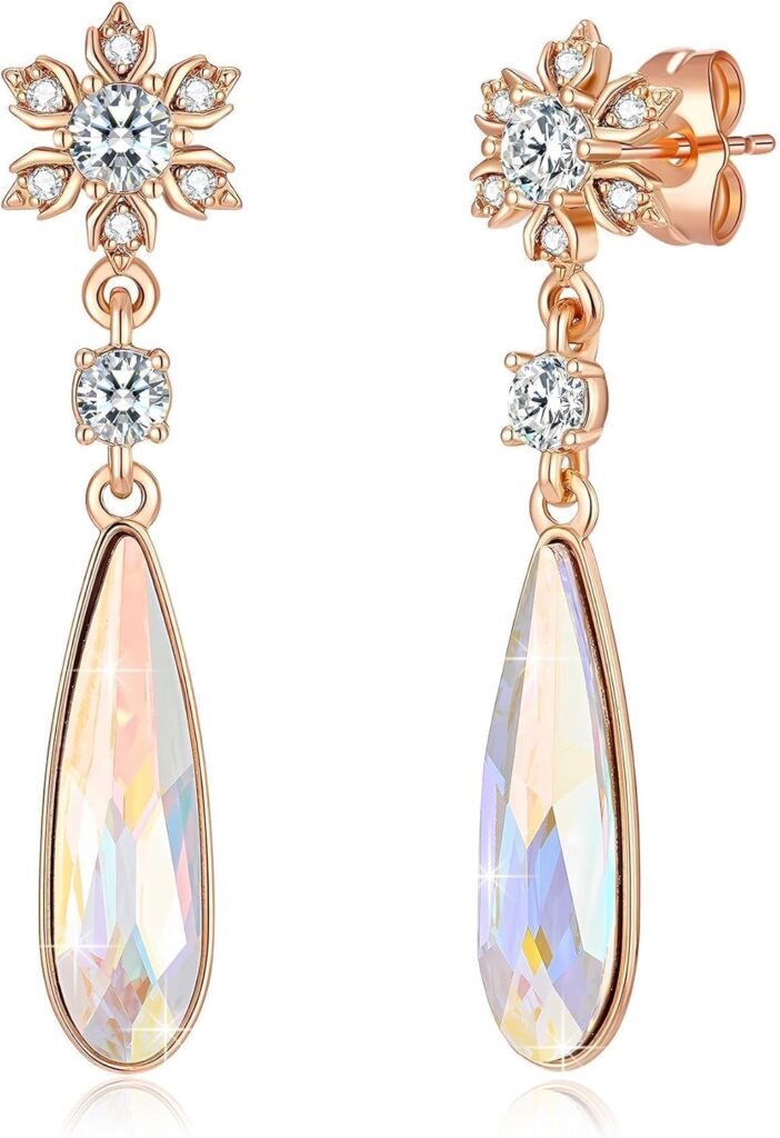 Austrian Crystal Teardrop Earrings Flower Dangle Earrings for Women 14K Gold Plated Drop Stud Earrings Hypoallergenic Jewelry