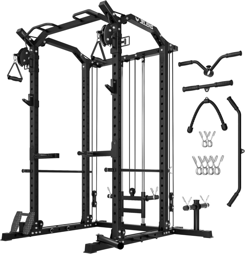 C11 Multi-Function Power Rack, 2000 lbs Power Cage with Adjustable Cable Crossover System and More Training Attachment, All-in-One Squat Rack with Dual Pulley System