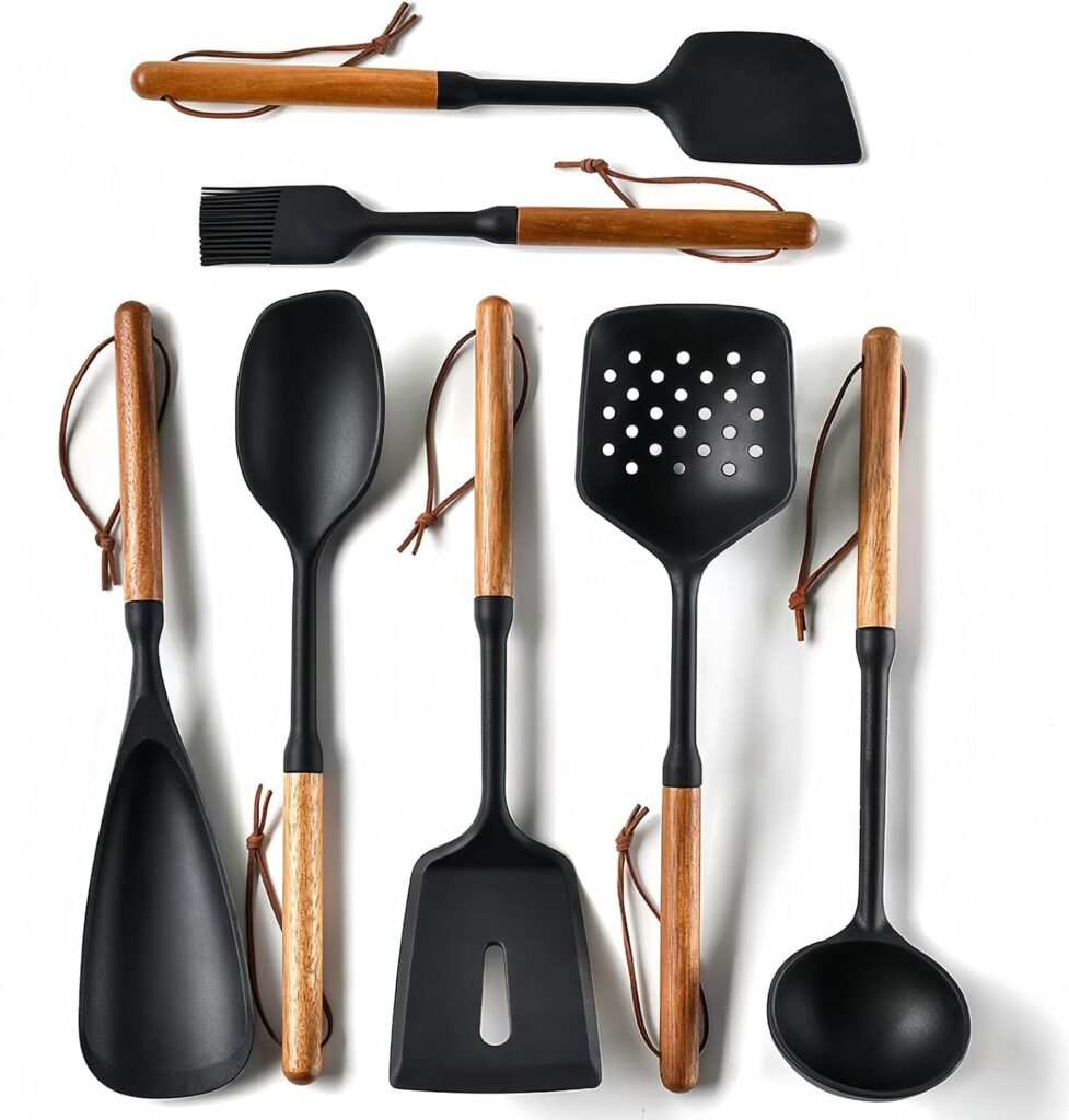 Exquisite Silicone Cooking Utensils Set – Non-Toxic, Heat-Resistant Kitchen Utensils Set with Food-Grade Silicone & Wood Handles – Includes Spatula & Spoon for Non-Stick Cookware, Black