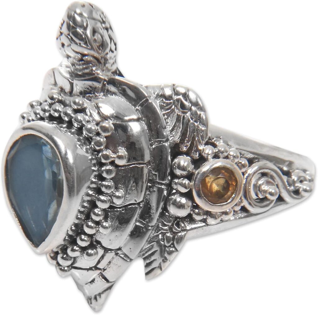 NOVICA Artisan Handmade Multi Gemstone Cocktail Ring Turtle Theme from Bali Sterling Silver Citrine Blue Topaz Amethyst Multigem Multicolor Purple Yellow Domed Indonesia Serenity Animal Themed [ring ]