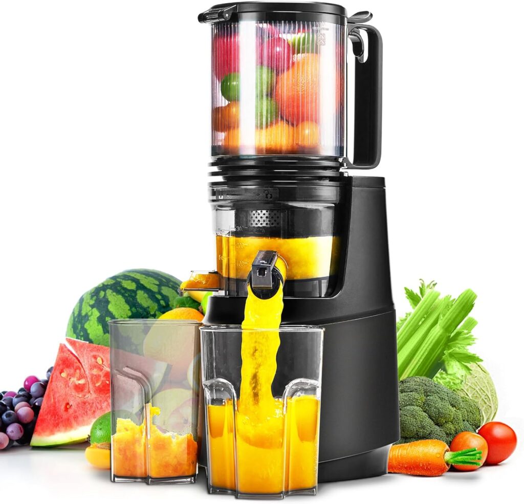 Cold Press Juicer,Slow Masticating Juicer Machines with 5.3″ Large Feed Chute for Most Fruits and Vegetables,Easy to Clean Lemon Orange juicer with 250W Motor and High Juice Yield (Obsidian black)