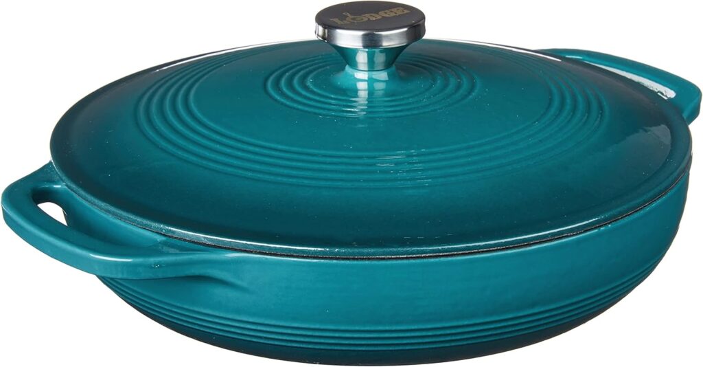 Lodge 3.6 Quart Enameled Cast Iron Covered Casserole with Lid – Dual Handles – Oven Safe up to 500° F or on Stovetop – Use to Marinate, Cook, Bake, Refrigerate and Serve – Lagoon